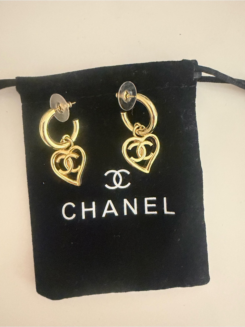 Gold-Tone Heart CC Drop Earrings